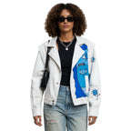 BLUE FACE | Hand Painted White Denim Biker Jacket