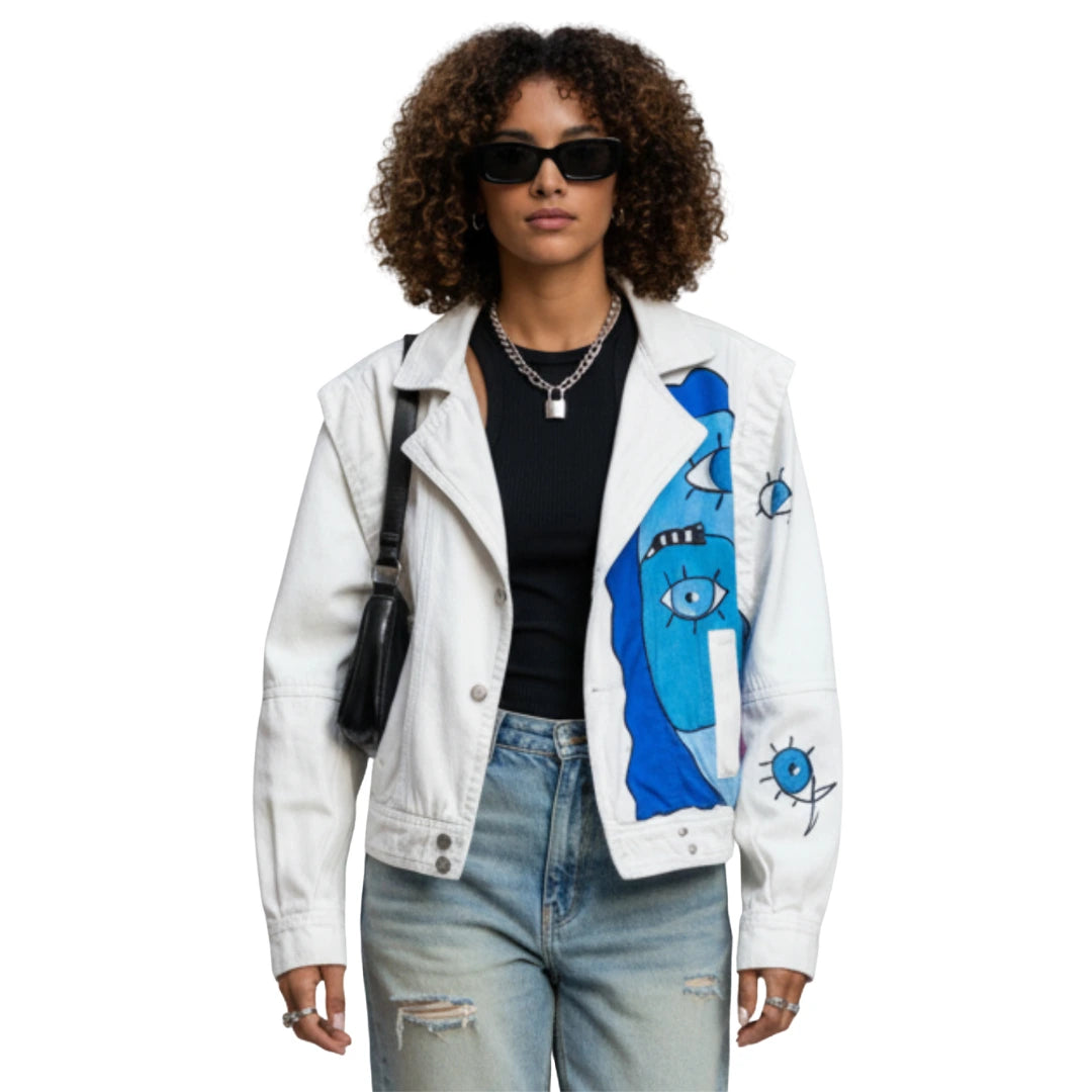BLUE FACE | Hand Painted White Denim Biker Jacket