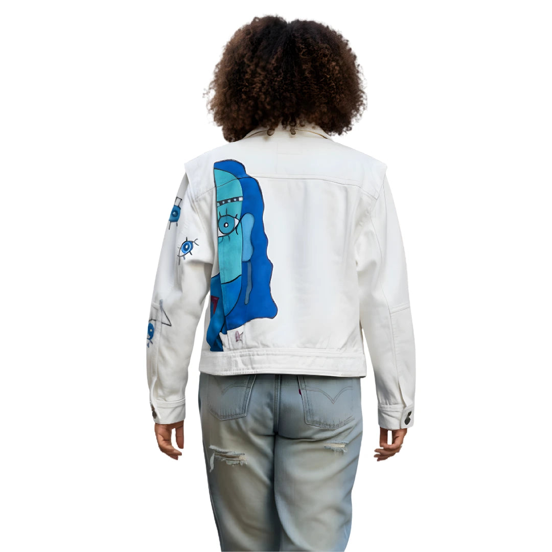 BLUE FACE | Hand Painted White Denim Biker Jacket