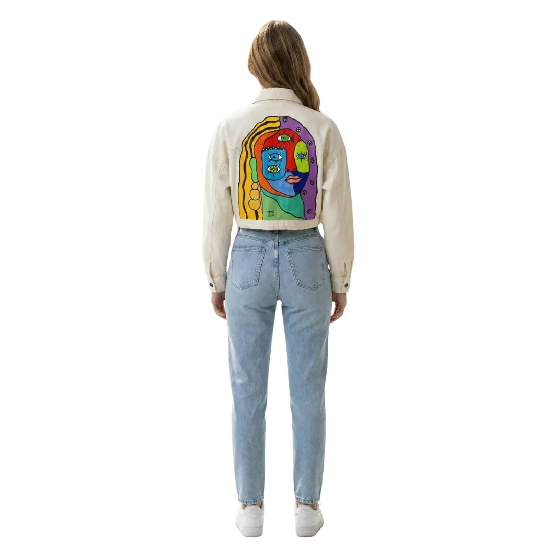 PEARLS ON THE COLORFUL FACE | Hand-painted Denim Jacket