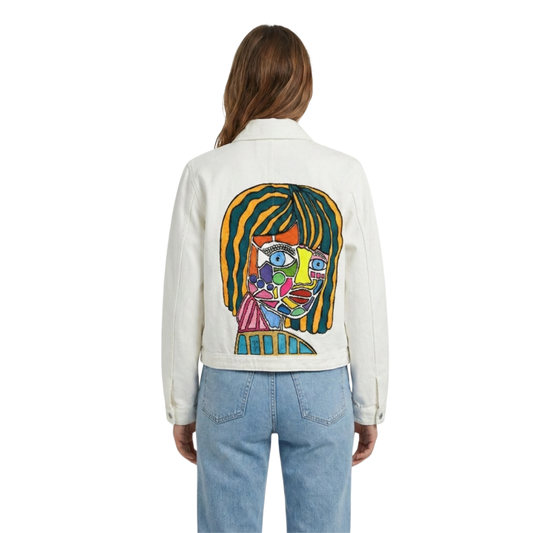 THE COLORFUL FACE | Hand-Painted White Denim Jacket