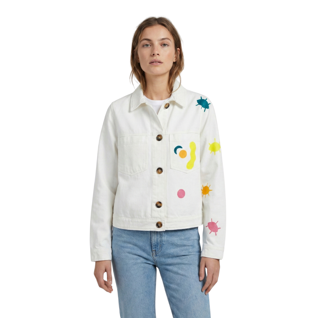 THE COLORFUL FACE | Hand-Painted White Denim Jacket