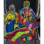 Vibrant large-scale canvas art featuring three stylized abstract figures in colorful Moroccan caftans, including a violinist and a reclining figure.