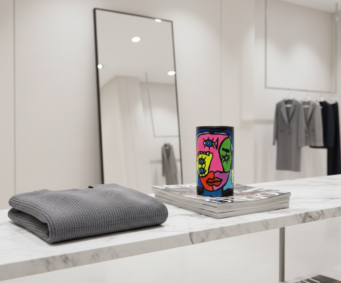 Hand-painted clay cylinder featuring a vibrant abstract face with multiple blue eyes and neon colors on a black