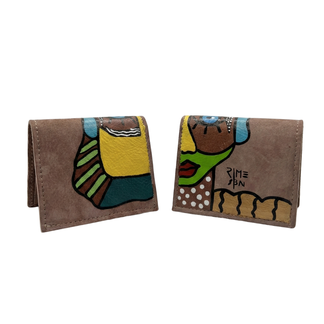 Hand-painted taupe leather wallet with artistic design 
