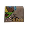 Hand-painted taupe leather wallet with artistic design 
