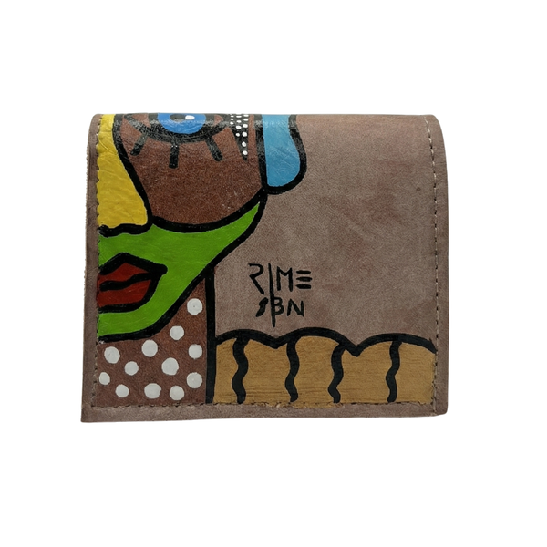 Hand-painted taupe leather wallet with artistic design 
