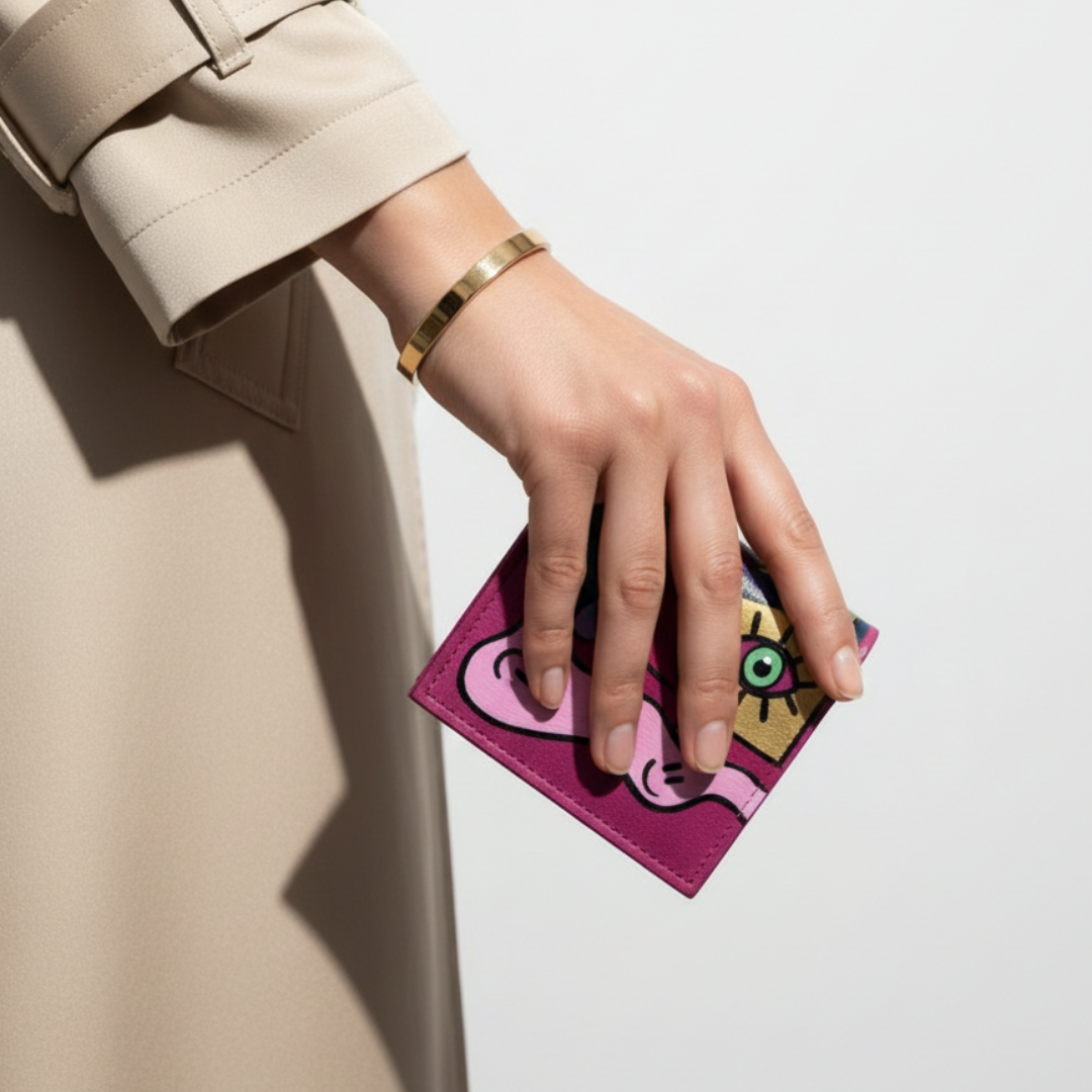 Hand-painted pink leather wallet with cubist abstract portrait, green cheek, and white polka dots. Signed by Rime Sbai.