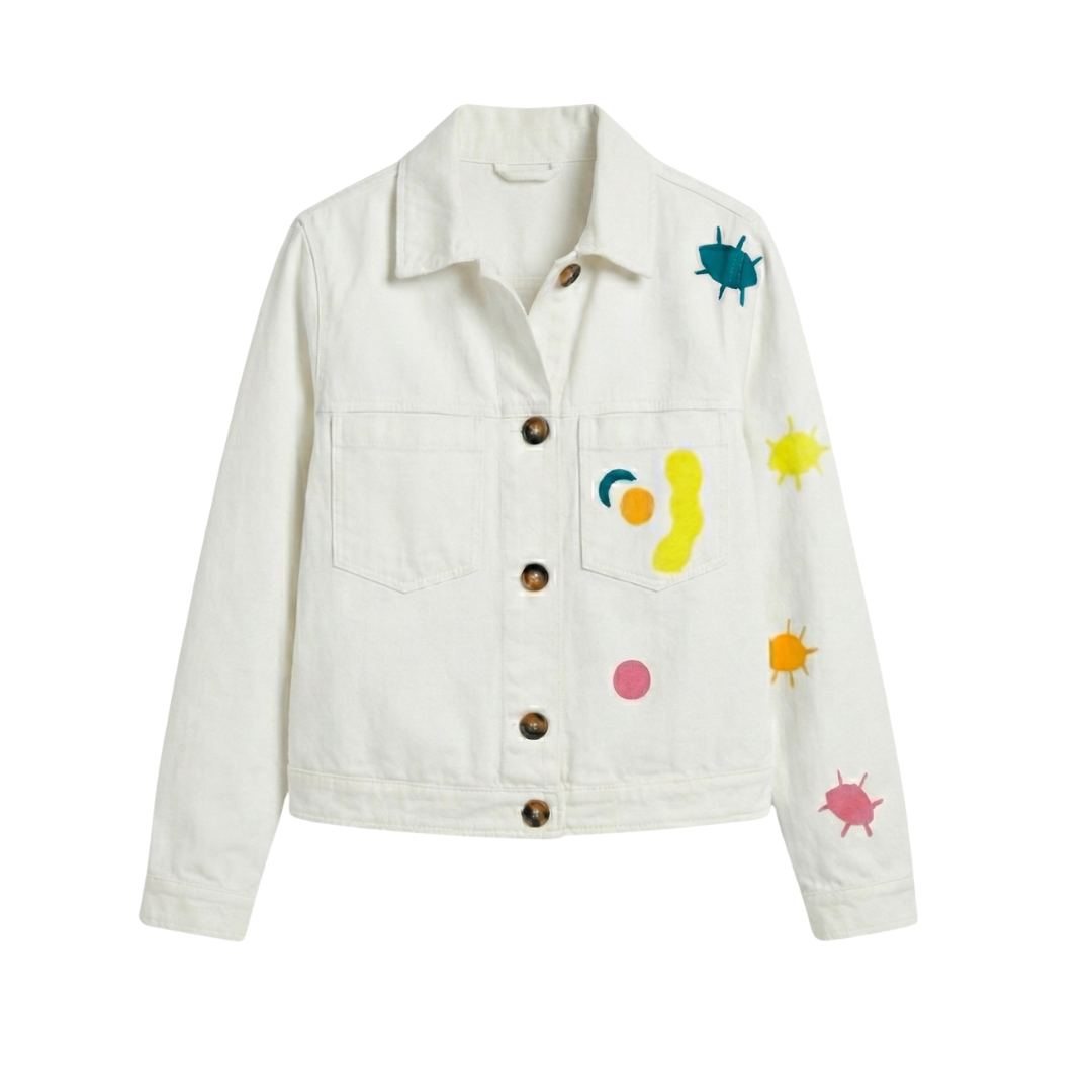 THE COLORFUL FACE | Hand-Painted White Denim Jacket