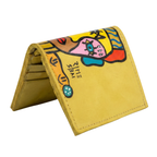 Hand-painted yellow leather wallet with cubist abstract portrait, green cheek, and white polka dots. Signed by Rime Sbai.