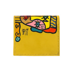 Hand-painted yellow eather wallet with cubist abstract portrait, green cheek, and white polka dots. Signed by Rime Sbai.