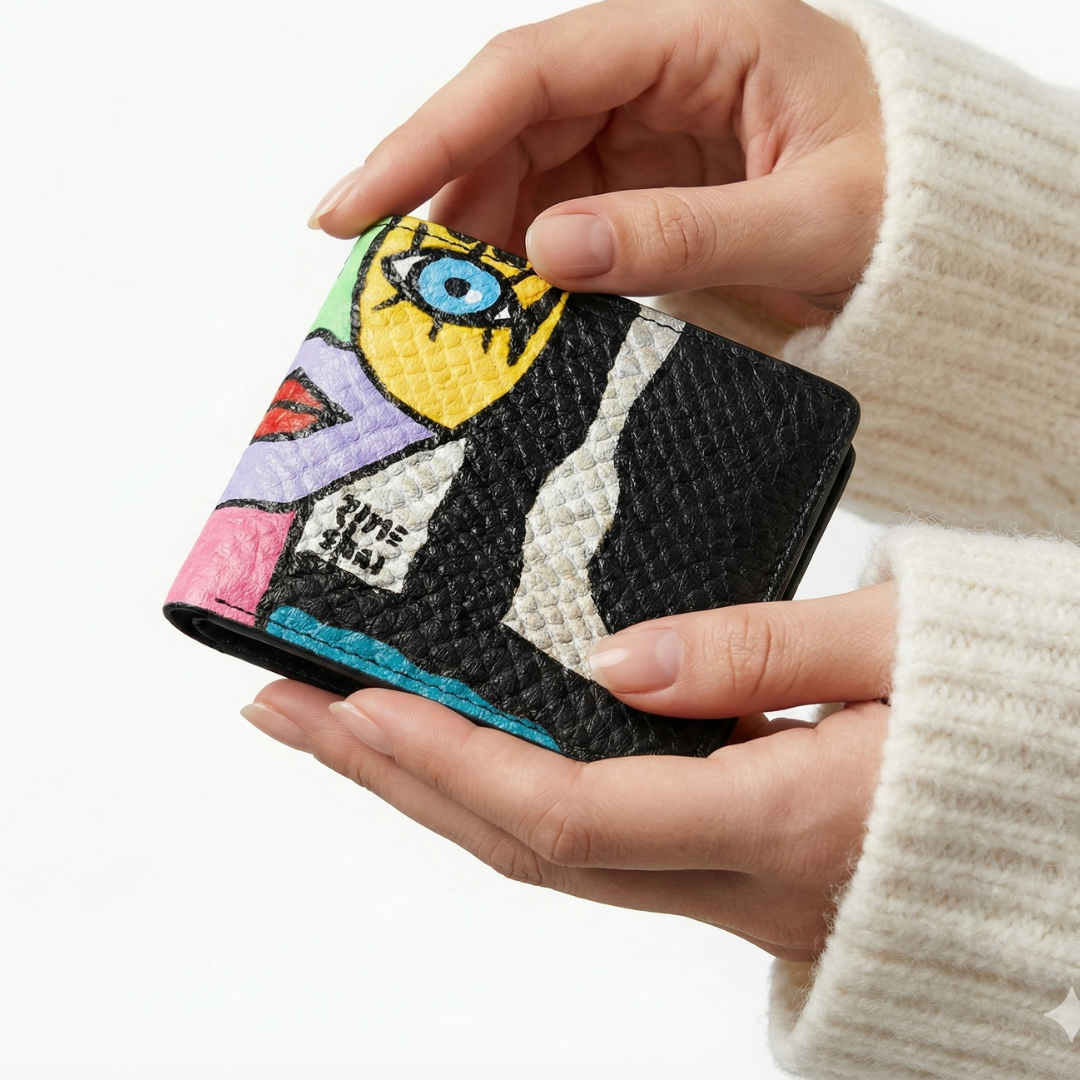 Textured black leather wallet featuring a neon yellow and purple abstract face, signed by Rime Sbai