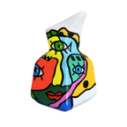 Hand-painted ceramic pitcher featuring a vibrant pop art face design. Unique art decor object with abstract eye motifs and bold colors on a faceted white clay jug