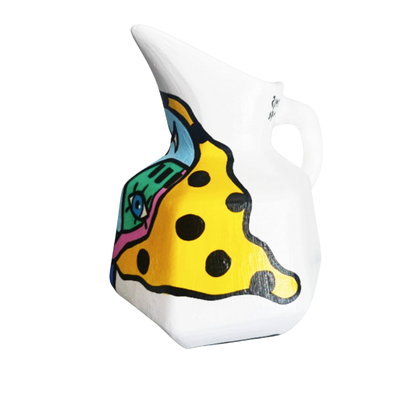 Hand-painted ceramic pitcher featuring a vibrant pop art face design. Unique art decor object with abstract eye motifs and bold colors on a faceted white clay jug