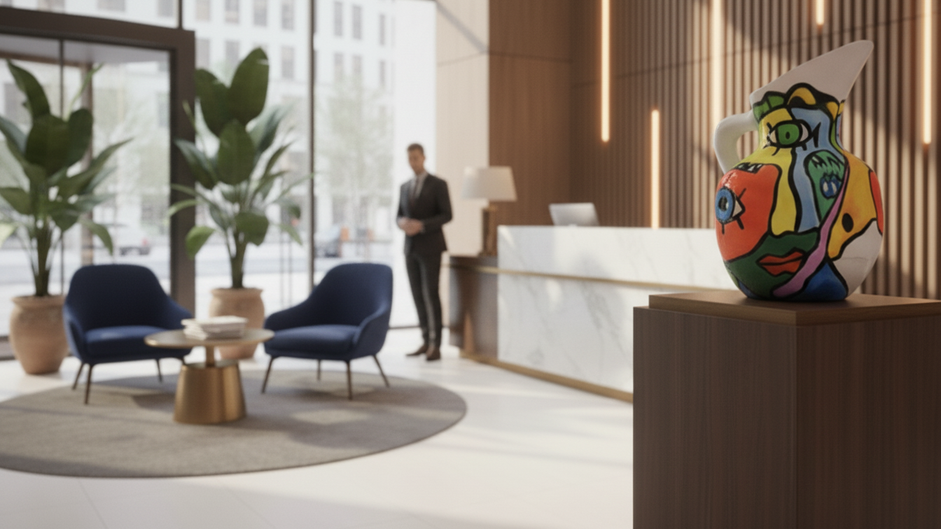 Hand-painted ceramic pitcher featuring a vibrant pop art face design. Unique art decor object with abstract eye motifs and bold colors on a faceted white clay jug