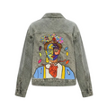 High-density colorful surrealist embroidery of Frida's Heart on the back of a grey denim jacket.