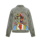 High-density colorful surrealist embroidery of Frida's Heart on the back of a grey denim jacket.